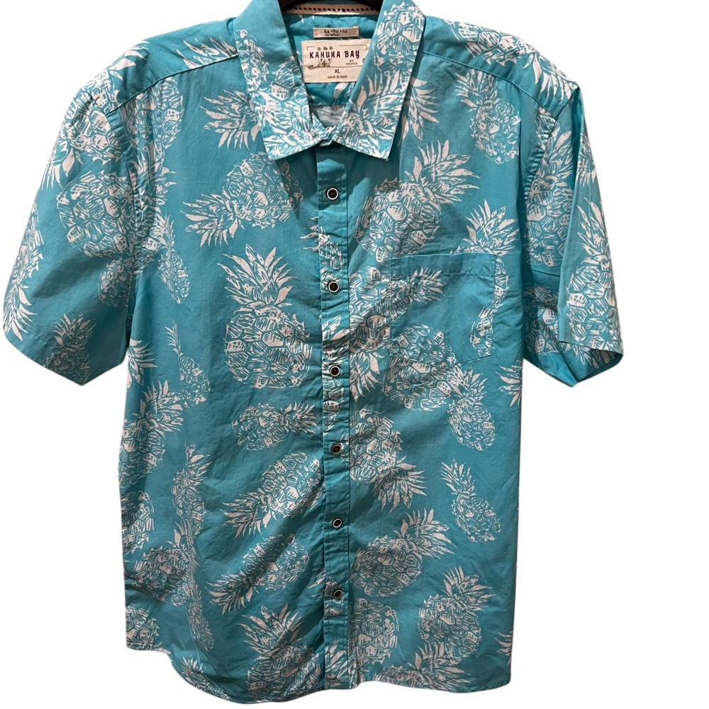 Kahuna Bay Pale‎ Blue & White Pineapple Print Button Down Shirt Men's Size XL